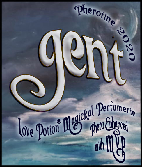 Image of perfume label featuring abstract finger paintings by Barbara McVey in greys and blues.