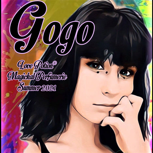 Image of perfume label featuring stylized photo of a woman on a multicolored splash painted background.