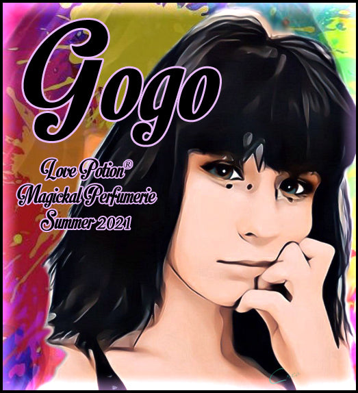 Image of perfume label featuring stylized photo of a woman on a multicolored splash painted background.