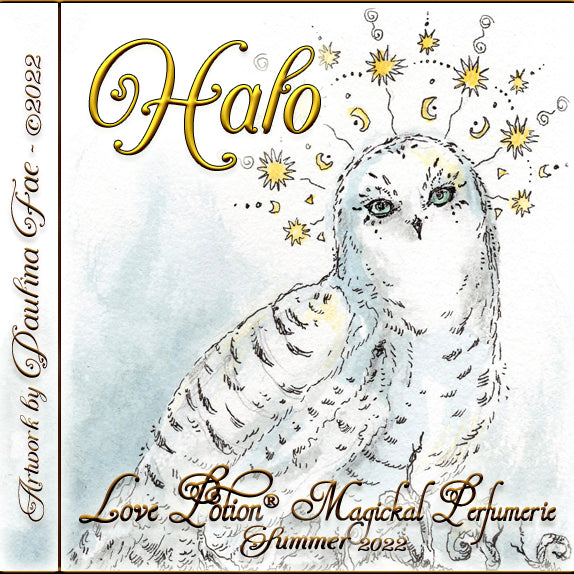 Image of perfume label featuring illustration by artist Paulina Fae of an owl with a halo of golden stars.