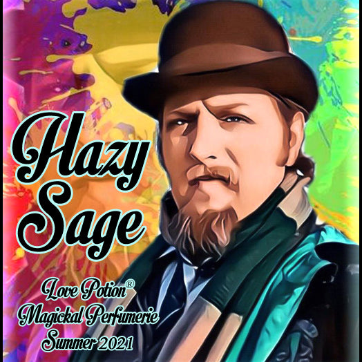 Image of perfume label featuring stylized photo of a man on a multicolored splash painted background.