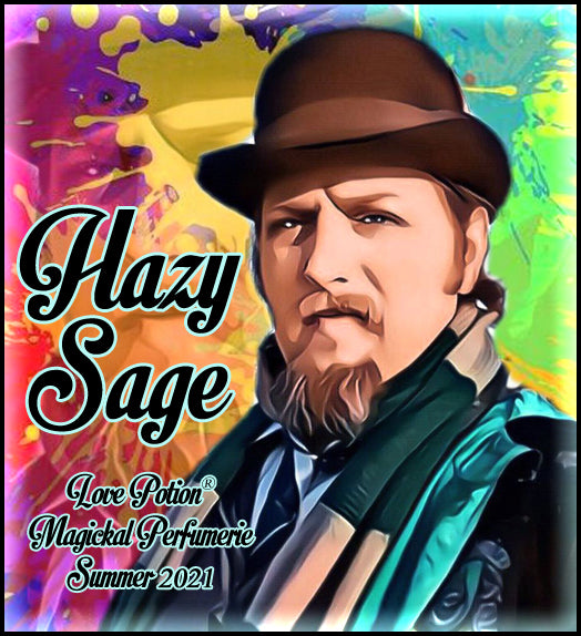 Image of perfume label featuring stylized photo of a man on a multicolored splash painted background.