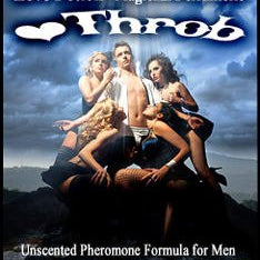 Love Potion Pheromone label of product Heart Throb, featuring man surrounded by beautiful women ripping off his shirt.