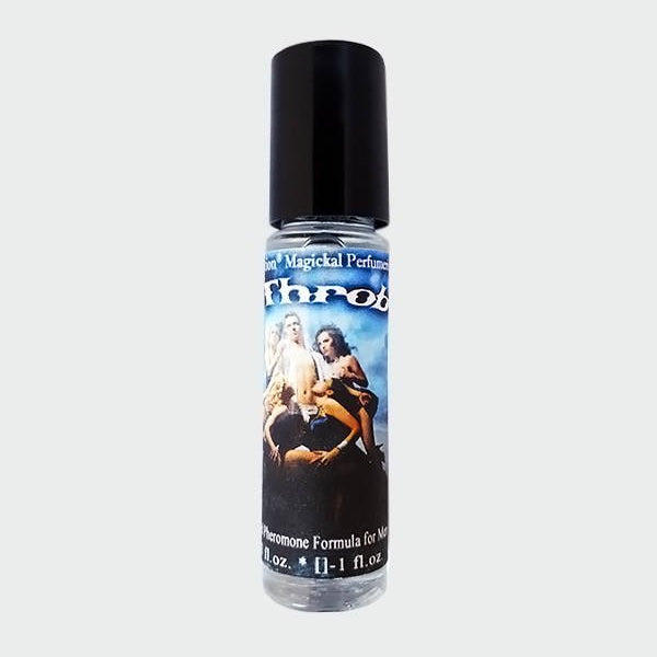 Love Potion Pheromone label of product Heart Throb, featuring man surrounded by beautiful women ripping off his shirt. Shown on glass product bottle.