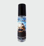Love Potion Pheromone label of product Heart Throb, featuring man surrounded by beautiful women ripping off his shirt. Shown on glass product bottle.