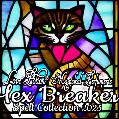 Hex Breaker herbal clean perfume with subtle natural fragrances that purify the soul. Label features a stained glass cat.