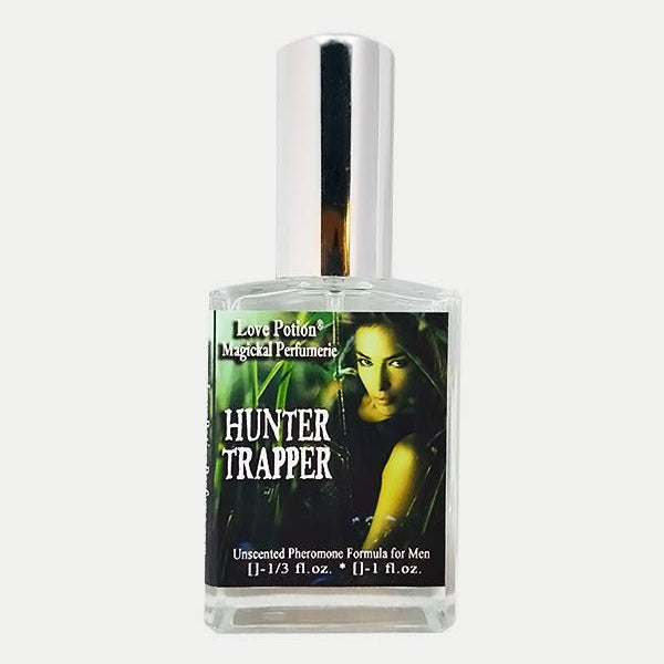 Love Potion Pheromone label for Hunter Trapper for Men, featuring beautiful woman with a jungle background, on a glass spray bottle.
