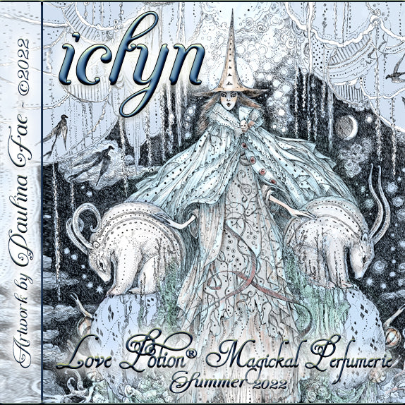 Image of perfume label featuring illustration by artist Paulina Fae of an ice queen flanked by two arctic animals.