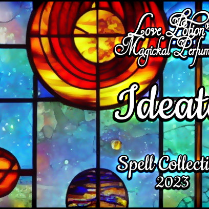 Ideate spell perfume smells like candied apple and combines sacred fruits. Label features stained glass planets.