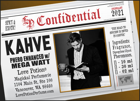 Image of Perfume Label featuring stylized newspaper headline with picture of a man holding a coffee cup. Feb 2021 Collection. 
