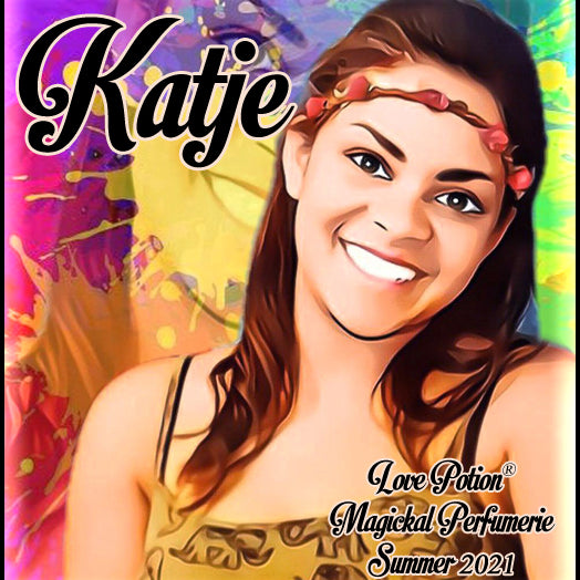 Image of perfume label featuring stylized photo of a woman on a multicolored splash painted background.