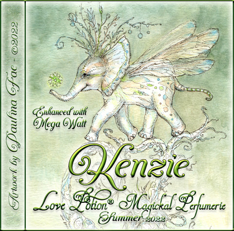 Image of perfume label featuring illustration by artist Paulina Fae of a baby elephant with wings, walking on a tree branch.