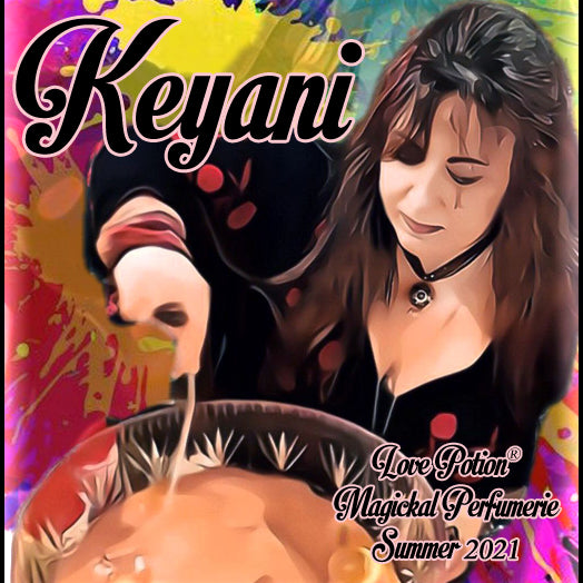 Image of perfume label featuring stylized photo of a woman on a multicolored splash painted background.