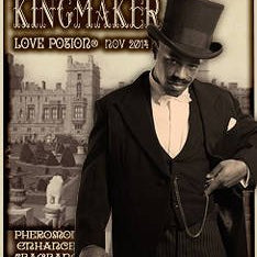 Love Potion label for Kingmaker, featuring elegantly dressed man in a top hat with a castle background.
