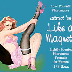 Love Potion Pheromone label for Like a Magnet, featuring pinup girl putting on stockings.