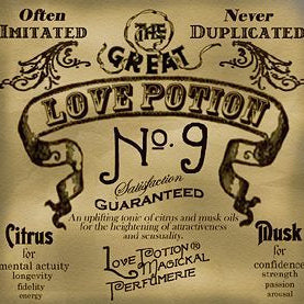 Love Potion #9 perfume label, featuring fancy text on aged parchment background, crafted to look like an antique potion label.