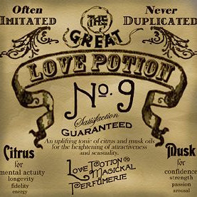 Love Potion #9 perfume label, featuring fancy text on aged parchment background, crafted to look like an antique potion label.