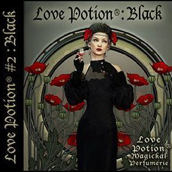 Love Potion: Black perfume label featuring art nouveau style artwork of lovely woman in black surrounded by red poppy flowers.