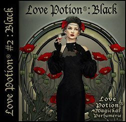Love Potion: Black perfume label featuring art nouveau style artwork of lovely woman in black surrounded by red poppy flowers.