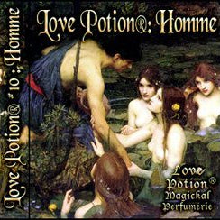 Love Potion: Homme label featuring classical artwork of a man leaning over the water surrounded by adoring naiads.