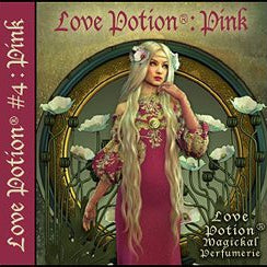 Love Potion: Pink perfume label featuring art nouveau style artwork of lovely woman in pink surrounded by white flowers.