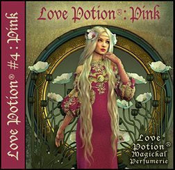 Love Potion: Pink perfume label featuring art nouveau style artwork of lovely woman in pink surrounded by white flowers.