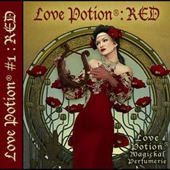 Love Potion: Red perfume label featuring art nouveau style artwork of lovely woman in red surrounded by red poppy flowers.