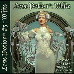 Love Potion: White perfume label featuring art nouveau style artwork of lovely woman in white surrounded by white flowers on pale green background.