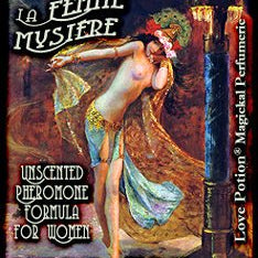 Love Potion Pheromone label for La Femme Mystere, featuring painting of beautiful woman performing the Dance of the Seven Veils.