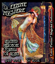 Love Potion Pheromone label for La Femme Mystere, featuring painting of beautiful woman performing the Dance of the Seven Veils. 