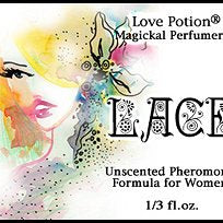 Love Potion Pheromone label for Lace, featuring watercolor painting of attractive blonde woman.