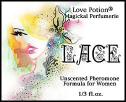 Love Potion Pheromone label for Lace, featuring watercolor painting of attractive blonde woman.