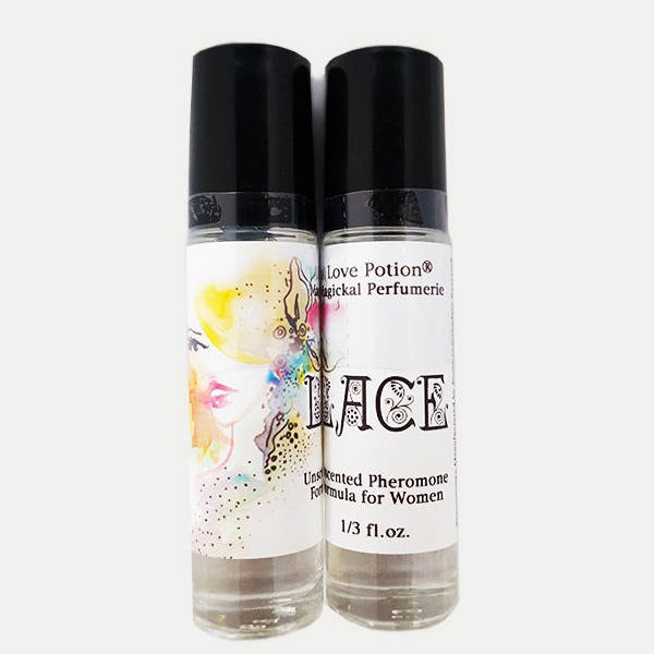 Love Potion Pheromone label for Lace, featuring watercolor painting of attractive blonde woman, on glass product bottles.