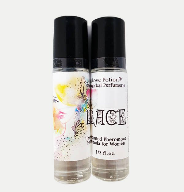 Love Potion Pheromone label for Lace, featuring watercolor painting of attractive blonde woman, on glass product bottles.