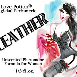 Love Potion Pheromone label for Leather, featuring watercolor painting of attractive brunette woman.
