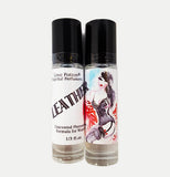 Love Potion Pheromone label for Leather, featuring watercolor painting of attractive brunette woman, on glass product bottles. 