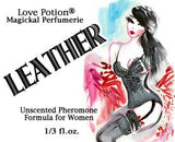 Love Potion Pheromone label for Leather, featuring watercolor painting of attractive brunette woman.