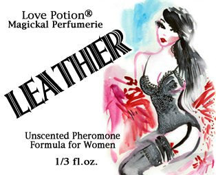 Love Potion Pheromone label for Leather, featuring watercolor painting of attractive brunette woman.