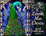 Look Me Over magic spell perfume for attraction with sweet flowers and fruits. Label shows a stained glass peacock.