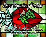 Love Drawing Potion perfume mixes strawberries, flowers, and spices. Label features a stained glass strawberry.