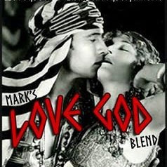 Love Potion pheromone label for Love God, featuring antique photo of silent film actor Valentino kissing a lover.