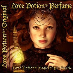 Love Potion Perfume: Original perfume label featuring young red haired woman with a glowing potion bottle.