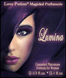 Love Potion: Lumina pheromone label featuring face of beautiful woman who appears to be glowing from within purple fabric.