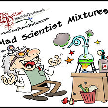 Love Potion Mad Science pheromone label featuring cartoon of cackling mad scientist in a lab with chemistry bottles.