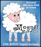 Love Potion Magnet Formula pheromone label featuring fluffy cute lamb cartoon.