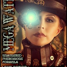 Love Potion Pheromone label for Mega Watt, featuring steampunk image of a woman with a lighted electric eye.