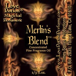 Love Potion: Merlin's Blend label featuring text on background suggesting the faces of woodland gods.