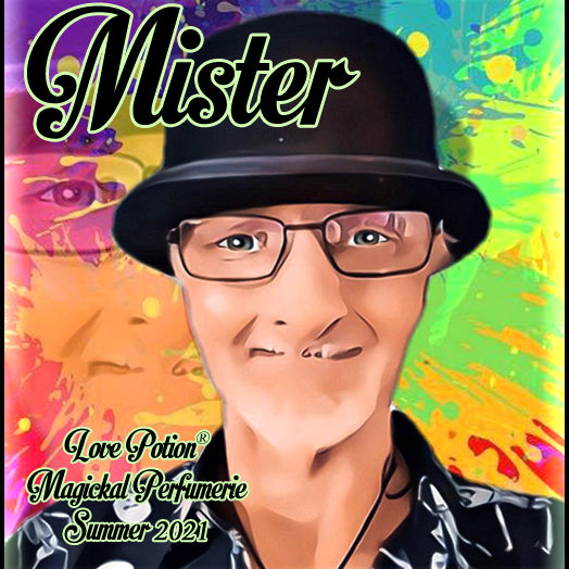 Image of perfume label featuring stylized photo of a man on a multicolored splash painted background.