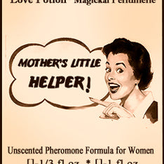 Love Potion Pheromone label for Mother's Little Helper, featuring 1950's style advertising artwork of a housewife smiling while she speaks.