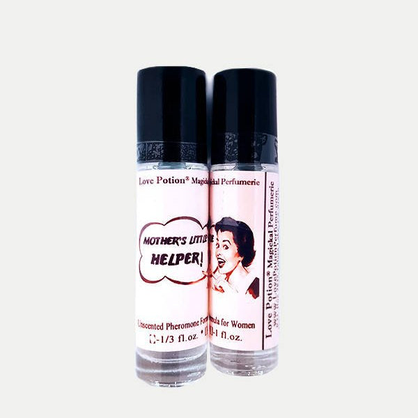 Photo of labelled Mother's Little Helper pheromone bottles.